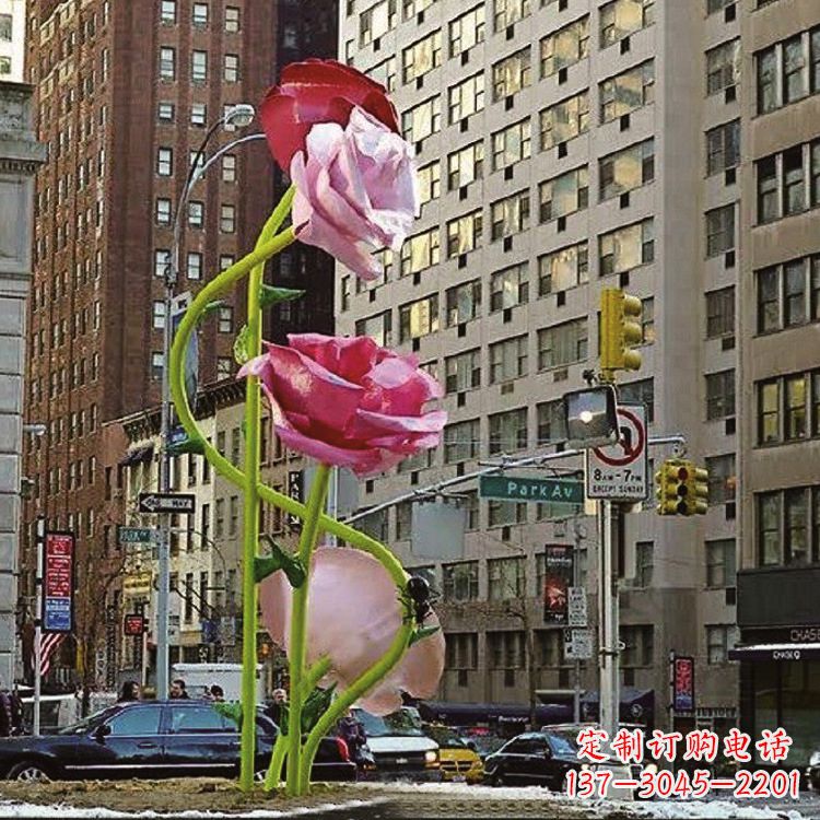 黄冈城市街道玻璃钢玫瑰花景观花朵雕塑