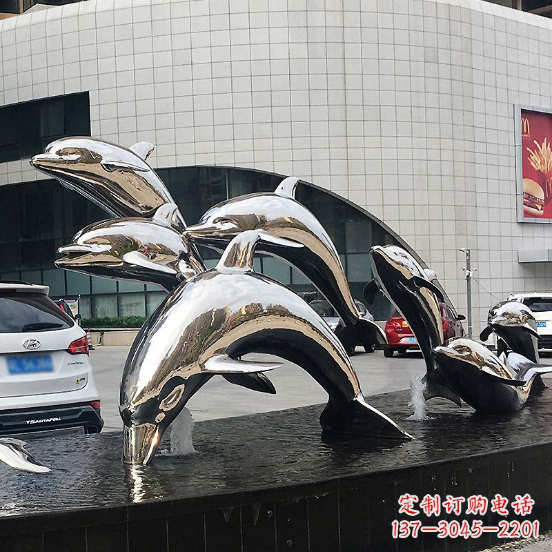 黄冈城市商场不锈钢镜面海豚水景景观雕塑摆件