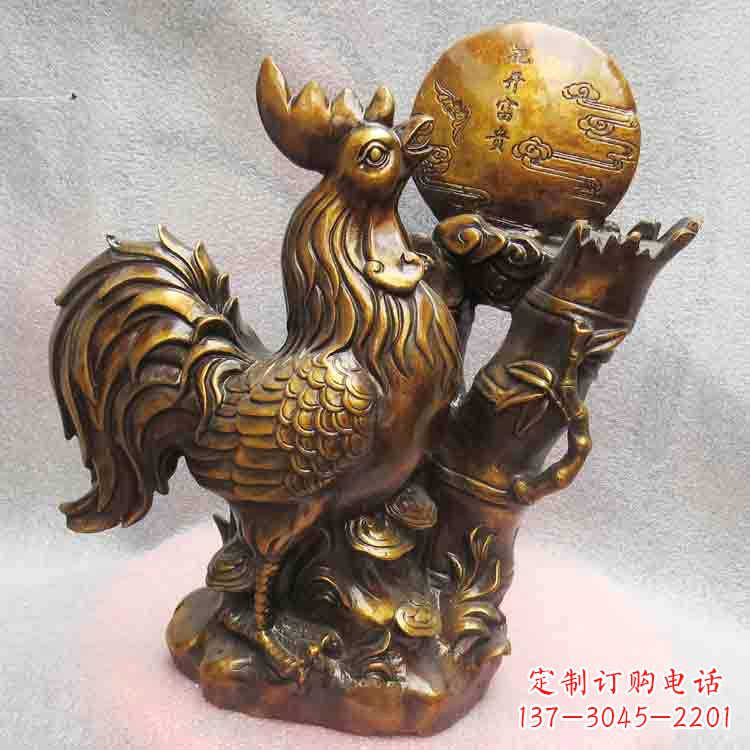黄冈纯铜公鸡雕塑-花开富贵生肖动物摆件