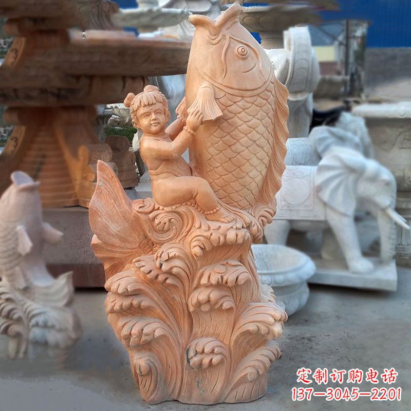黄冈大型喷水鲤鱼景观雕塑-晚霞红石雕动物喷泉