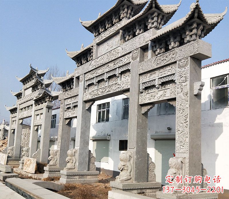 黄冈大型五门仿古牌坊石雕 (2)