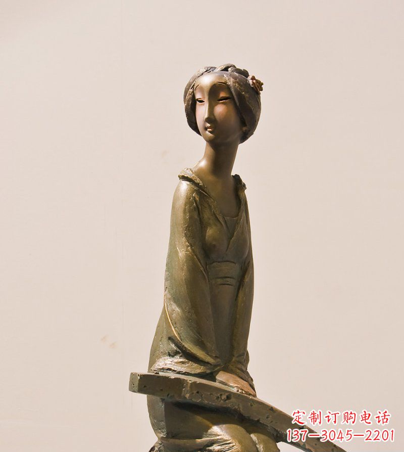 黄冈弹古筝的女人铜雕古代人物雕塑