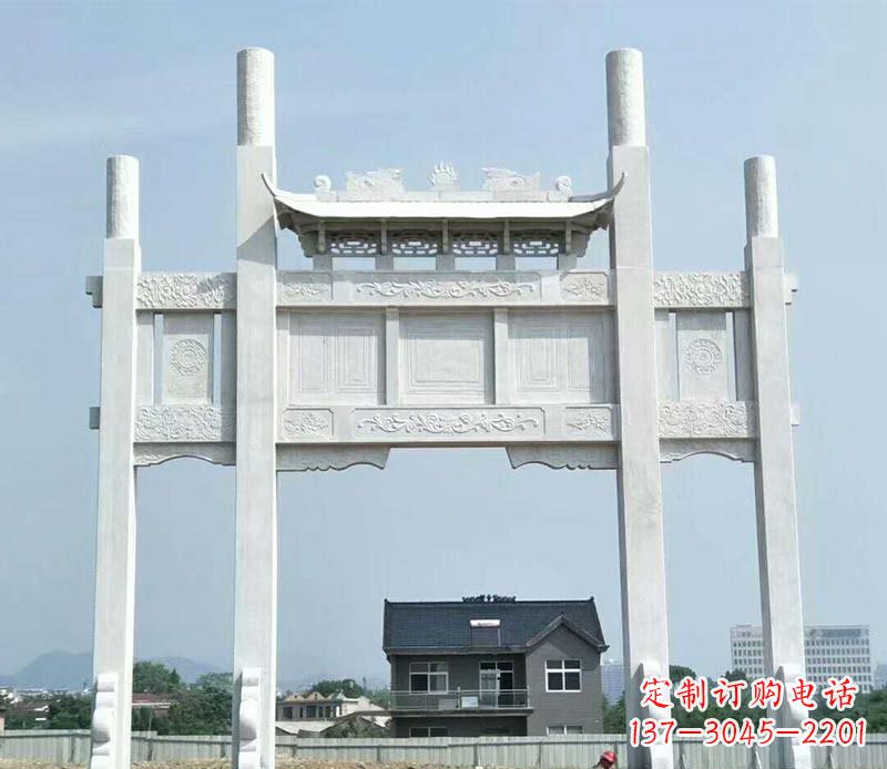 黄冈道路三门牌坊石雕 (4)