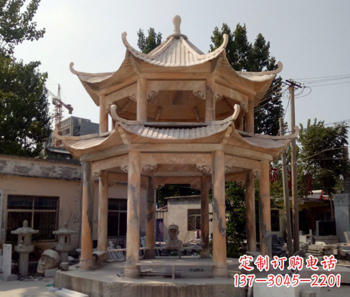黄冈公园景观晚霞红双层石雕凉亭