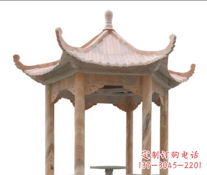 黄冈美丽而优雅的公园晚霞红六角石凉亭雕塑