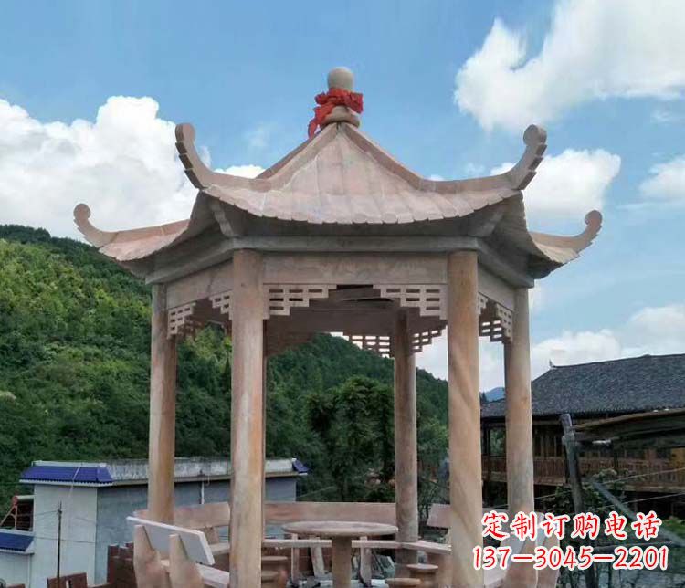 黄冈一流的公园晚霞红六角石雕凉亭