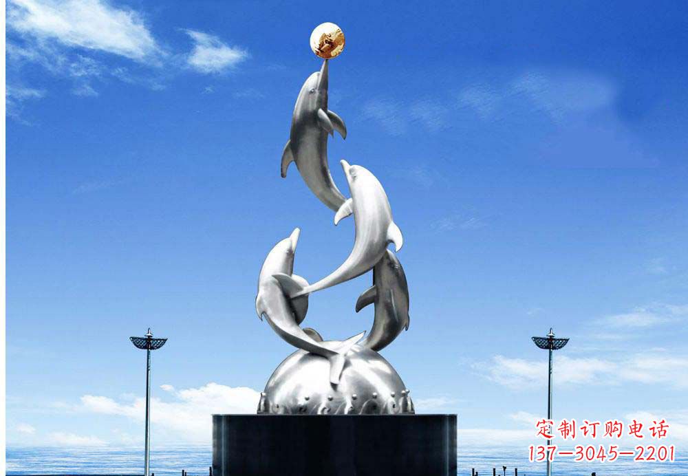 黄冈广场不锈钢海豚顶球雕塑