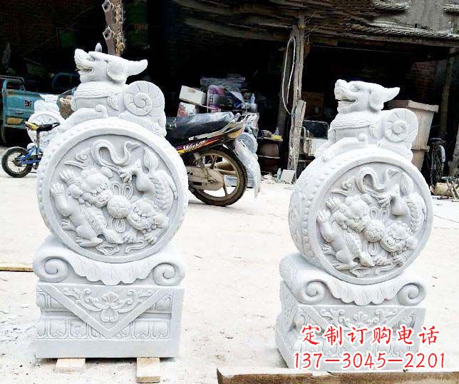 黄冈汉白玉抱鼓石招财石门墩石雕