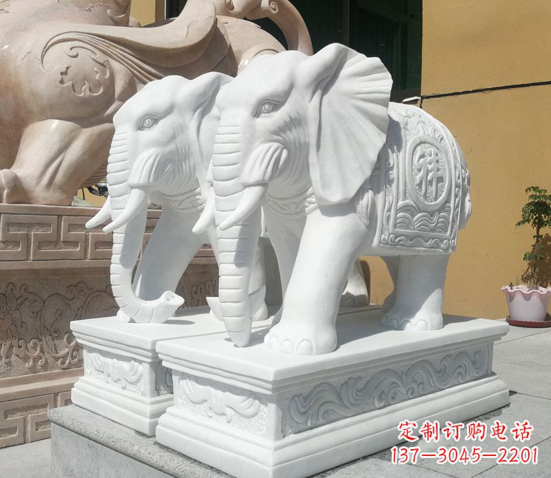 黄冈汉白玉吉祥如意门口招财大象石雕