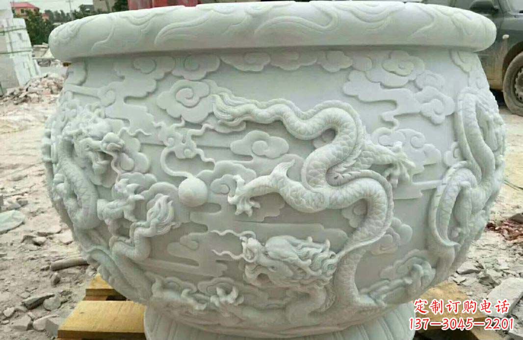 黄冈汉白玉龙浮雕水缸雕塑