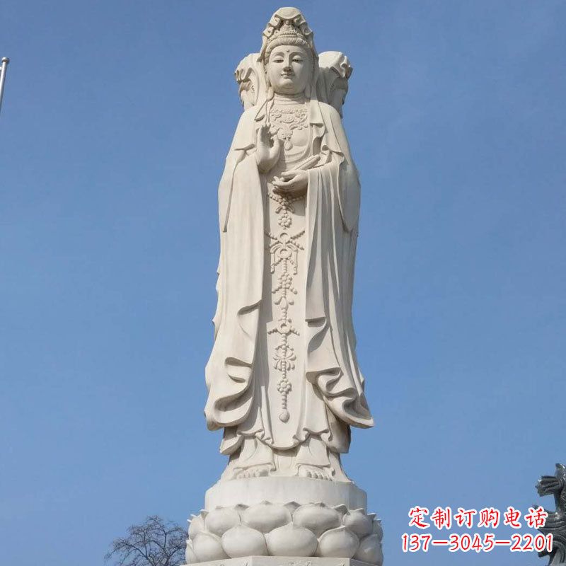 黄冈汉白玉三面观音石雕佛像