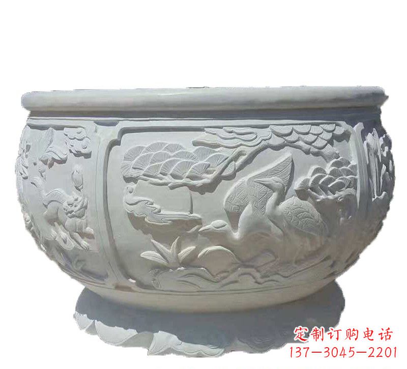 黄冈汉白玉松鹤延年浮雕水缸,带给您无尽的岁月美景