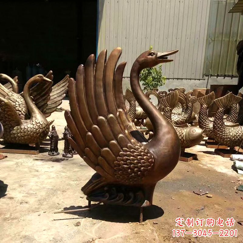 黄冈黄铜天鹅雕塑-纯铜铸造喷水天鹅喷泉雕塑