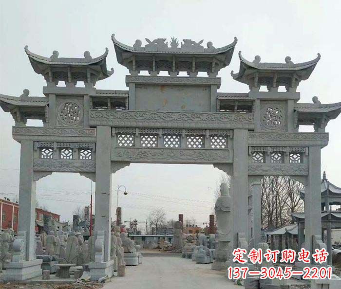 黄冈三门牌坊石雕,精美汉风石雕装饰景区