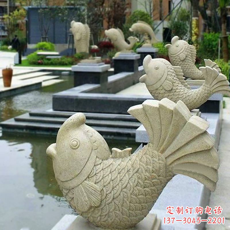 黄冈喷水鱼砂岩石雕-园林水池雕塑