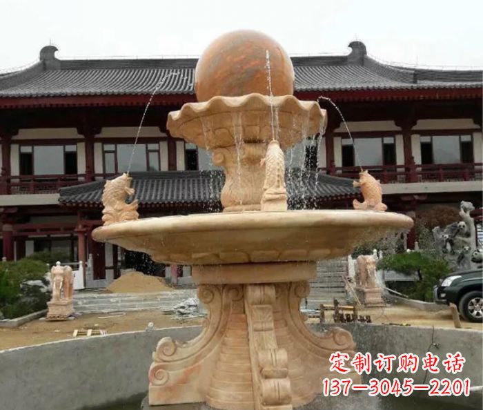 黄冈双层风水球喷泉晚霞红石雕