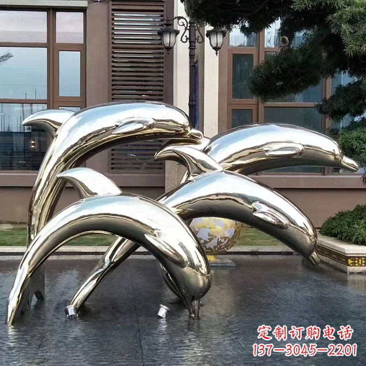 黄冈水景不锈钢海豚雕塑-城市广场创意动物雕塑