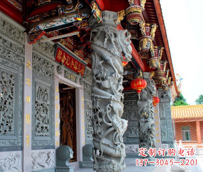 黄冈寺庙景观龙柱石雕