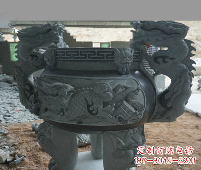 黄冈寺庙景观青石龙头香炉石雕