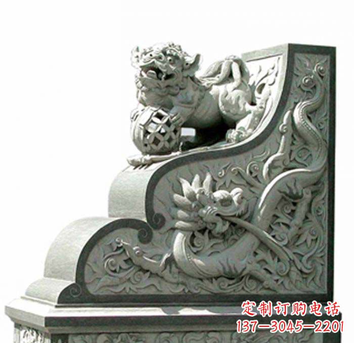 黄冈寺庙景观玩绣球狮子石雕门墩