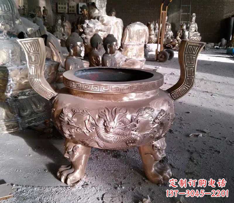 黄冈寺庙龙浮雕圆铜雕香炉