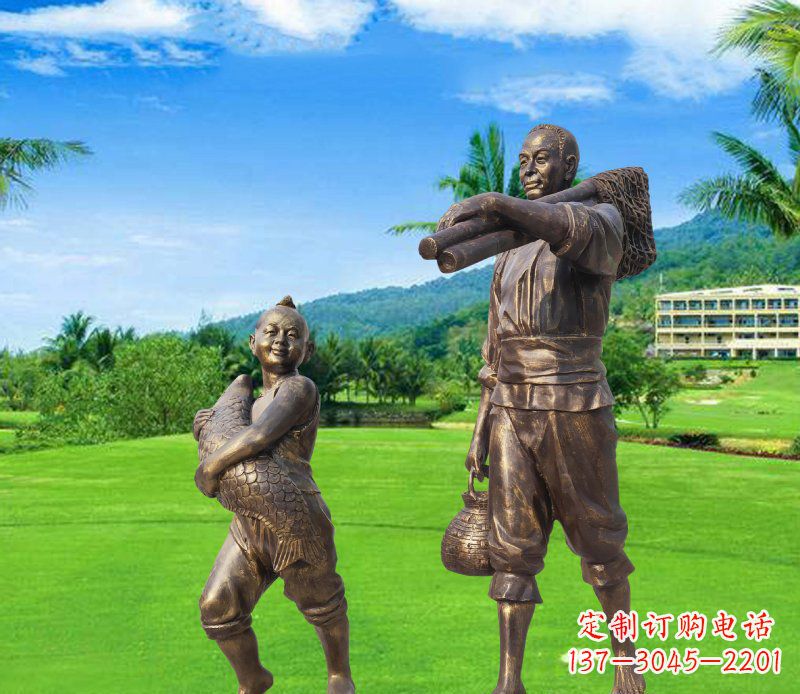 黄冈铜雕渔民父子人物雕塑