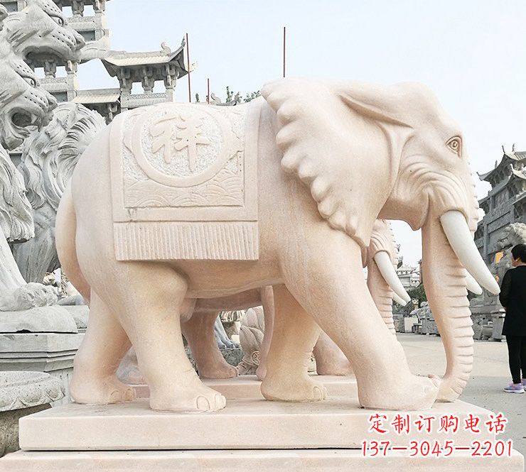 黄冈晚霞红吉祥如意大象石雕