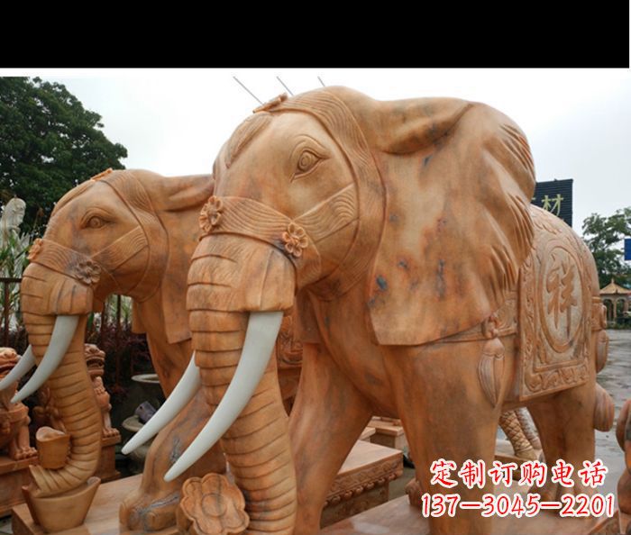 黄冈晚霞红吉祥如意门口镇宅招财大象石雕 (3)