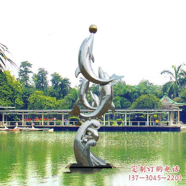 黄冈戏球不锈钢海豚雕塑-园林水景动物景观