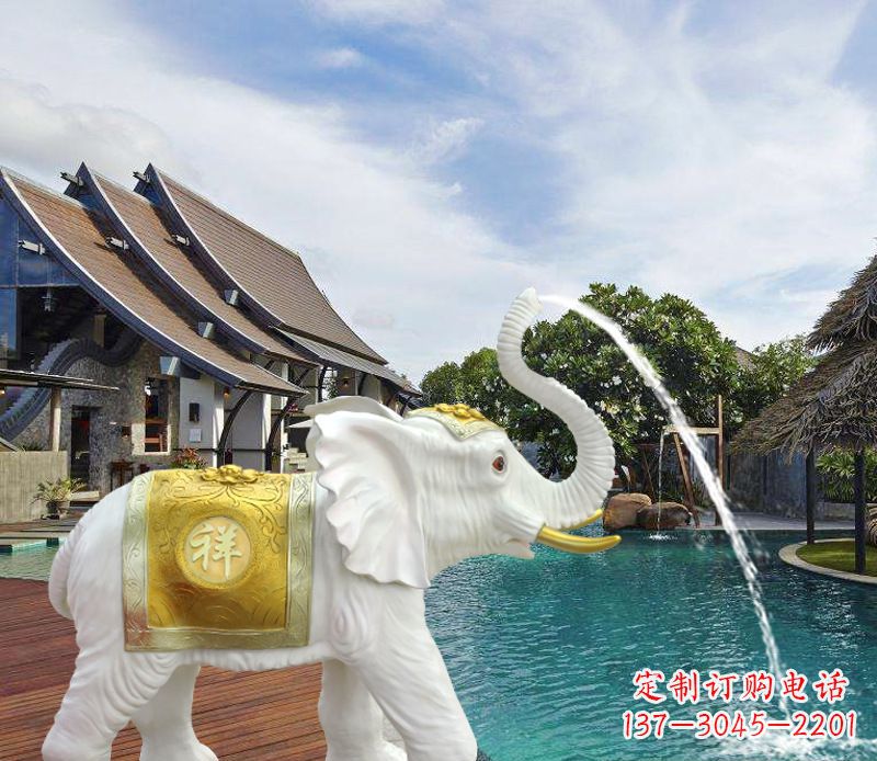 黄冈祥瑞汉白玉喷泉喷水大象