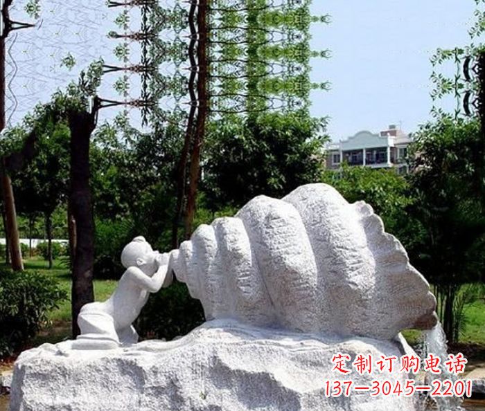 黄冈小区景观小孩吹螺号石雕