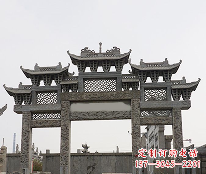 黄冈园林仿古三门牌坊石雕 (4)