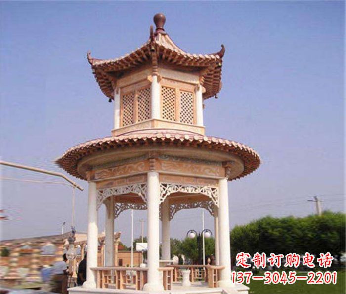 黄冈园林景观晚霞红双层石雕凉亭 (4)