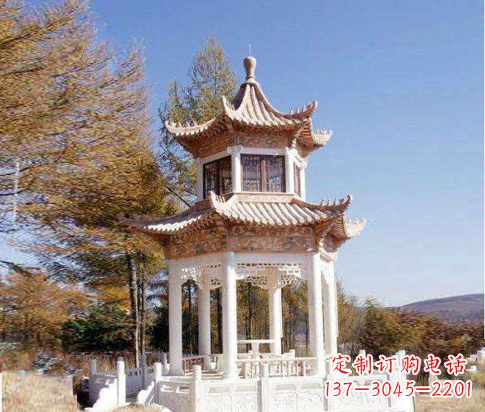 黄冈园林景观晚霞红双层石雕凉亭 (3)