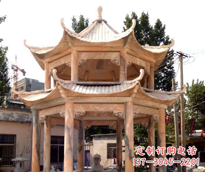 黄冈园林景观晚霞红双层石雕凉亭