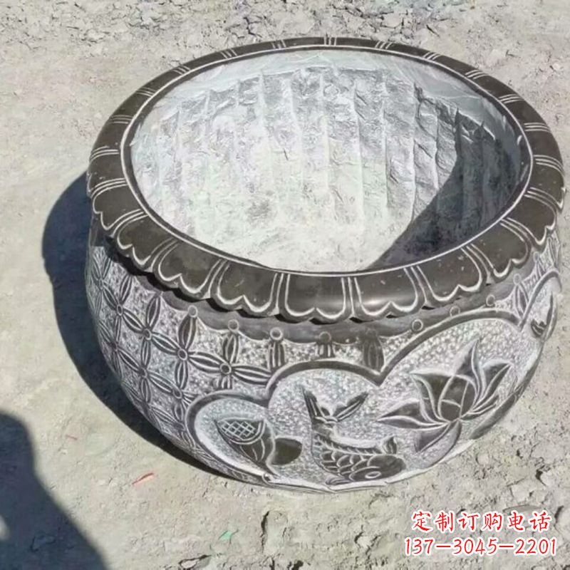 黄冈园林莲花鱼纹石雕水缸