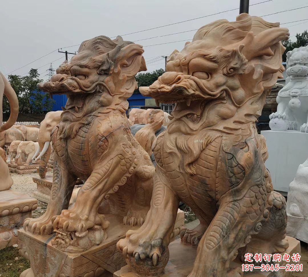 黄冈园林晚霞红古代招财神兽麒麟石雕