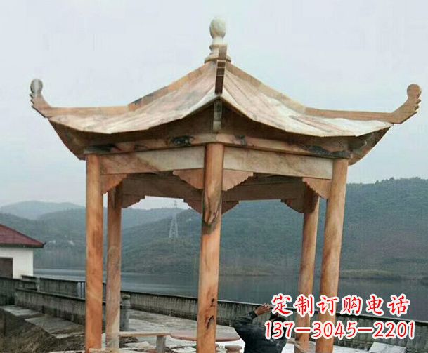 黄冈园林晚霞红单层石凉亭景观石雕