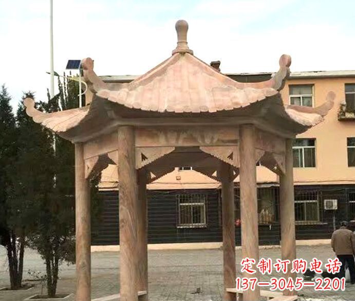 黄冈园林晚霞红六角石雕凉亭