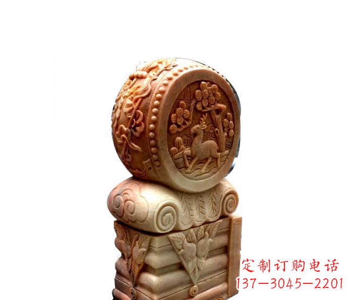 黄冈招财石门墩晚霞红抱鼓石